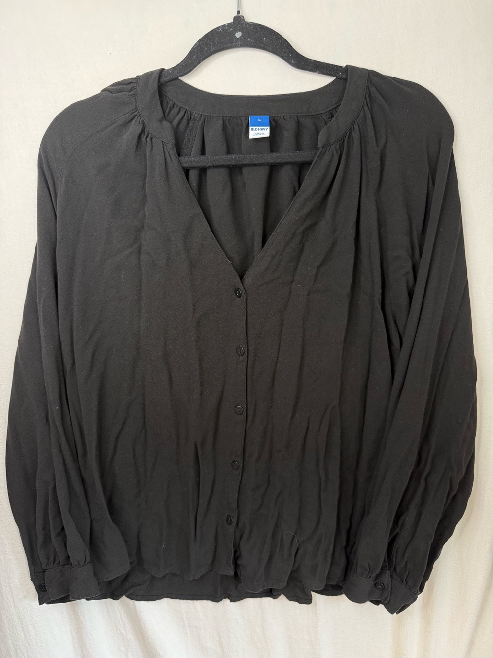Old Navy Black Button-Front V-Neck Balloon Sleeve Blouse Size Large